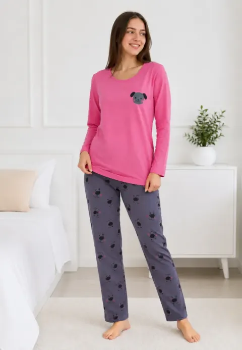 Pijama de dama roz cu maneca lunga si pantaloni lungi gri cu catelus