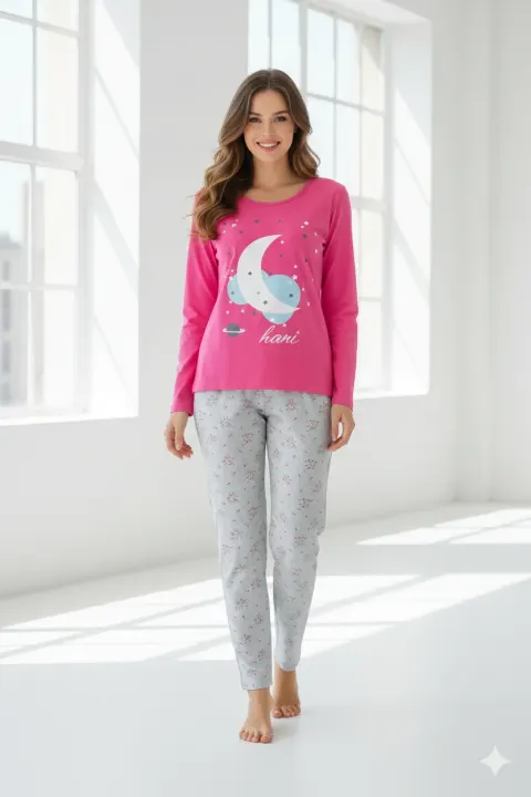 Pijama damă  mânecă lungă și pantaloni lungi ROZ cu GRI