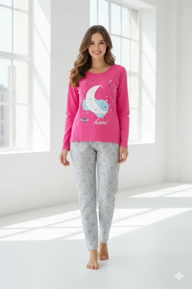 Pijama damă  mânecă lungă și pantaloni lungi ROZ cu GRI