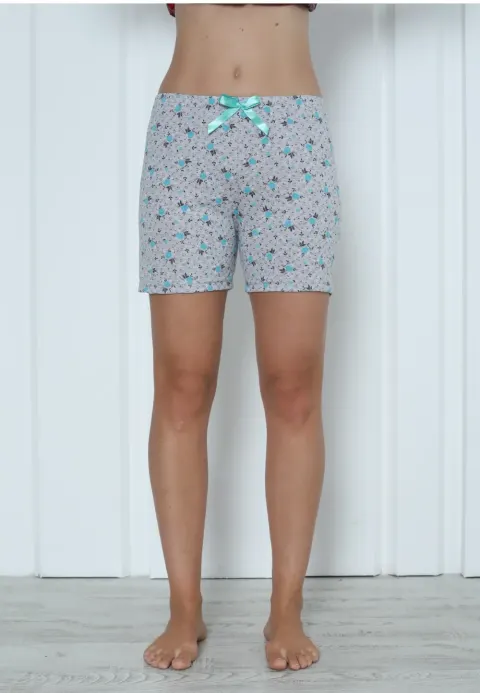 Short damă pijama, gri, imprimeu pisicuțe