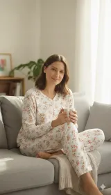Pijama damă iarnă mărimi mari – albă cu imprimeu flori portocalii,