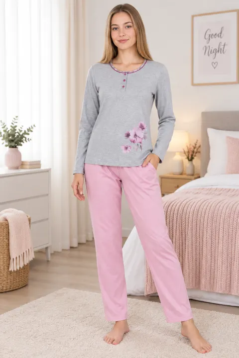 Pijama damă mânecă lungă și pantaloni lungi gri cu roz