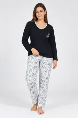 Pijama damă, cu mânecă lungă și pantaloni lungi, imprimeu floral, albastru