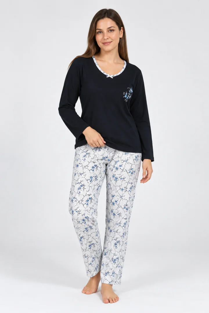 Pijama damă, cu mânecă lungă și pantaloni lungi, imprimeu floral, albastru