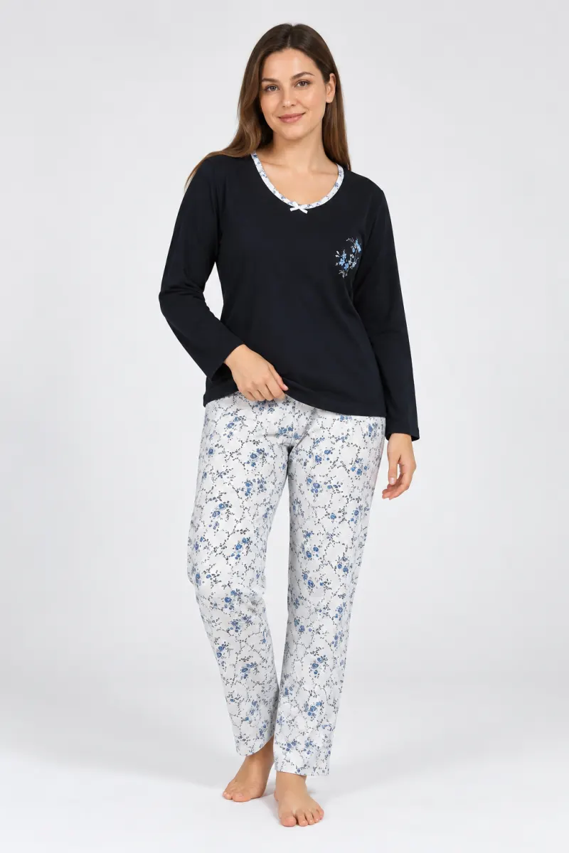 Pijama damă, cu mânecă lungă și pantaloni lungi, imprimeu floral, albastru