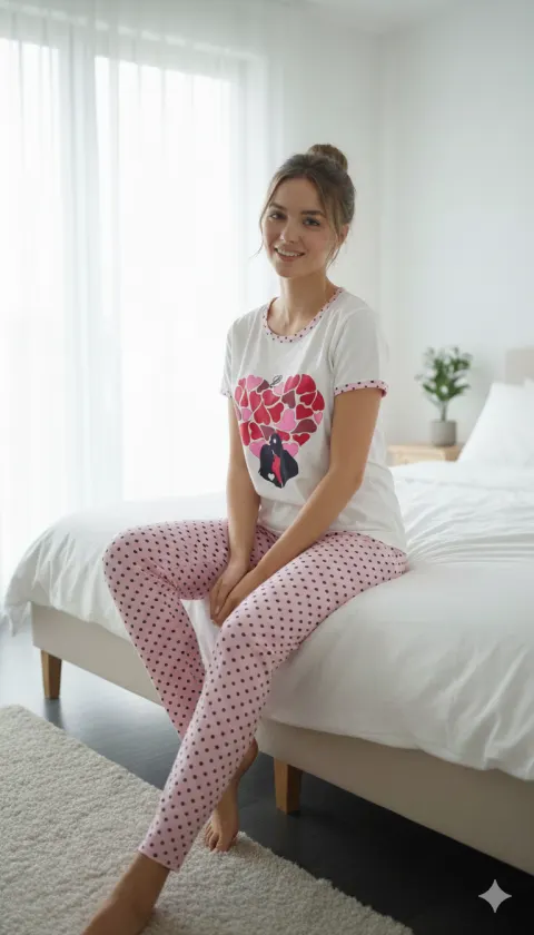 Pijama dama din bumbac cu imprimeu inimioare,