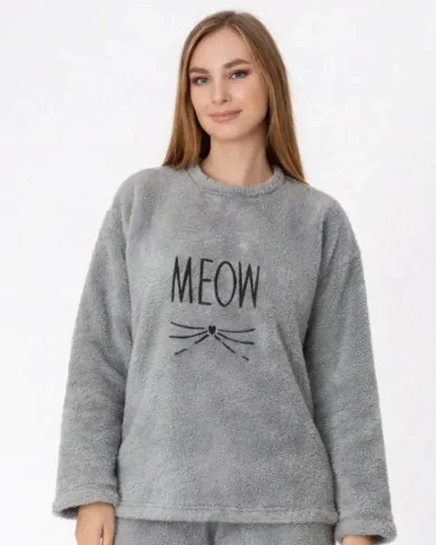 Pijamale damă cocolino gri deschis cu imprimeu „Meow”