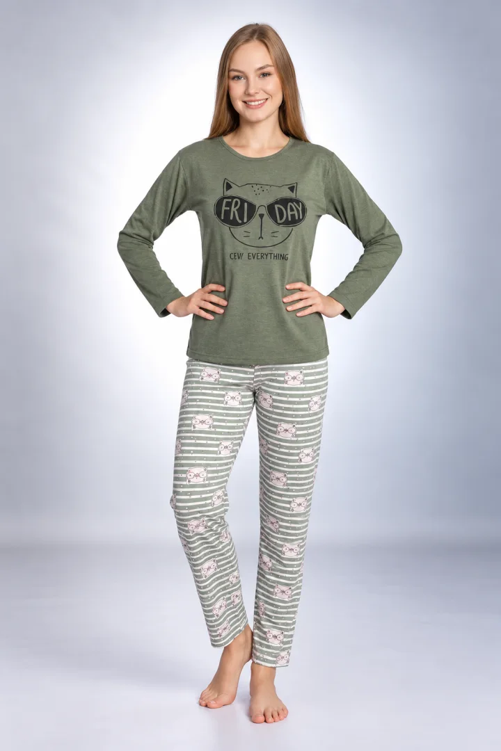 Pijama damă verde, cu mânecă lungă și pantaloni lungi