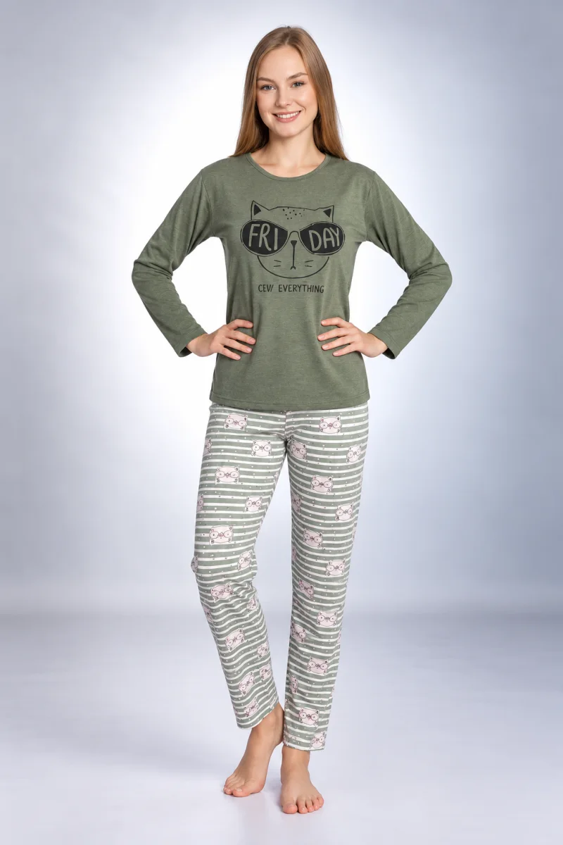 Pijama damă verde, cu mânecă lungă și pantaloni lungi