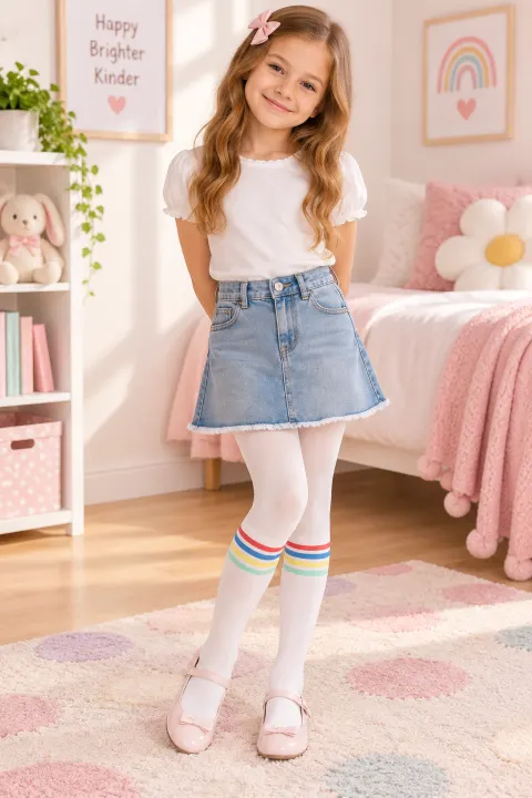 Dres fetițe Penti Young „Rainbow Stripe” 30 DEN – dungi colorate, alb