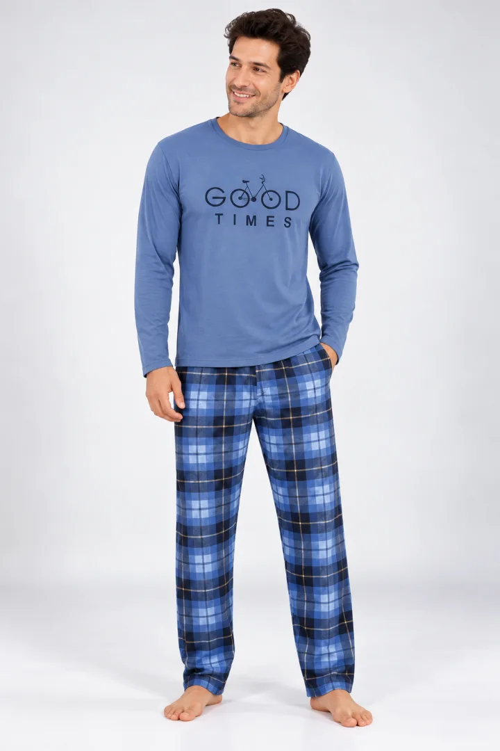 Pijama barbat albastru cu carouri albastre