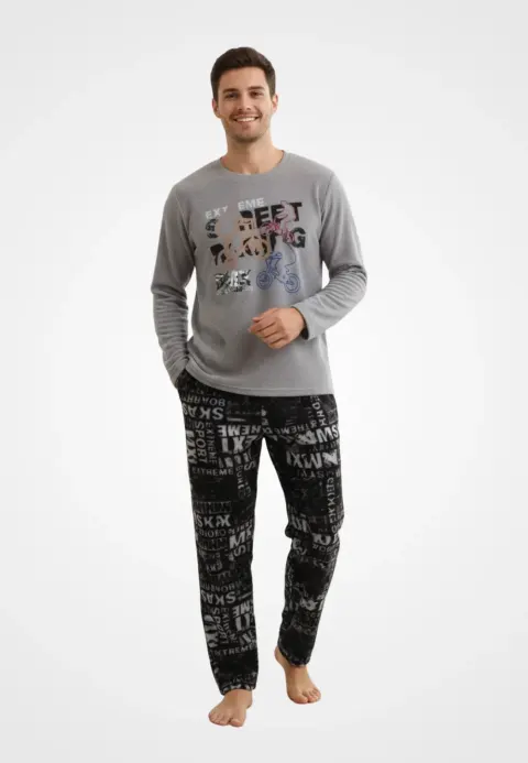 Pijama barbati polar, culoare gri, imprimeu Street Racing