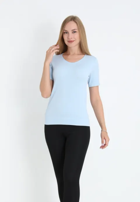 Tricou damă cu mânecă scurtă, croială lejeră și material elastic, Turcoaz