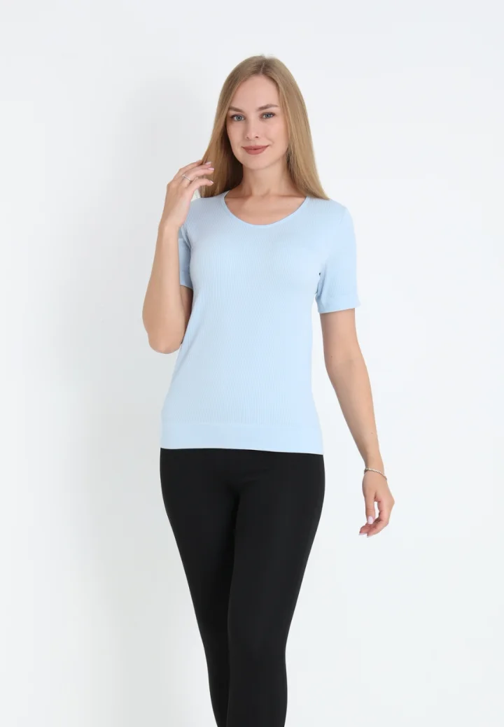 Tricou damă cu mânecă scurtă, croială lejeră și material elastic, Turcoaz