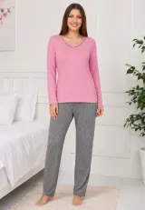 Pijama de dama roz cu maneca lunga si pantaloni lungi gri cu buline