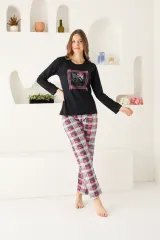 Pijama damă, mânecă lungă și pantaloni lungi, imprimeu floral, negru