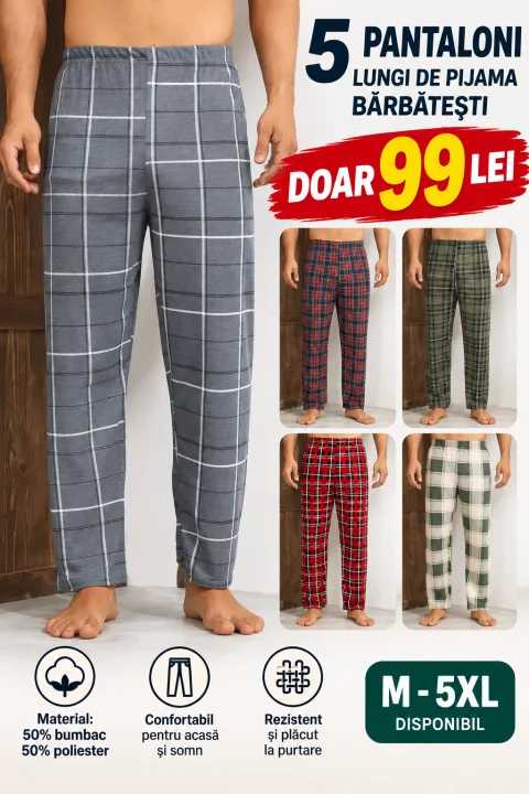 5 Pantaloni Lungi de Pijama Bărbătești – Doar 99 Lei | M–5XL