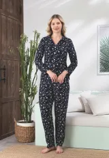 Pijama damă neagră, imprimeu cu steluțe albe