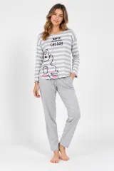 Pijamale damă cu imprimeu Cat Day, gri