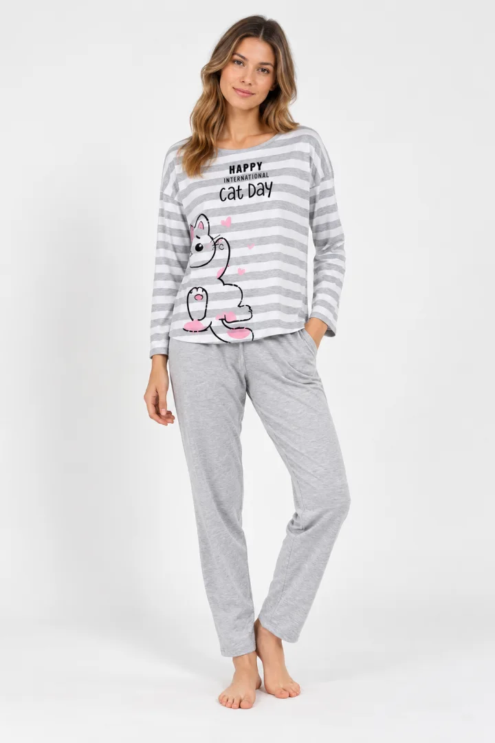Pijamale damă cu imprimeu Cat Day, gri