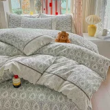Lenjerie de Pat din 100% Bumbac cu Dantelă, 4 Piese, Cearșaf cu Elastic 180x200 cm