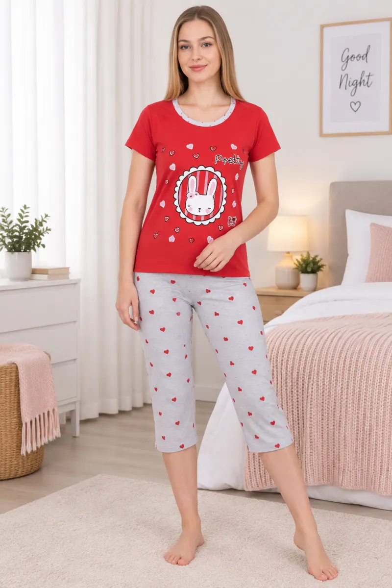 Pijama dama  cu imprimeu "Pretty Rabbit", rosu