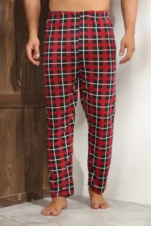 Pantaloni pijama bărbați negri cu carouri roșii și linii albe