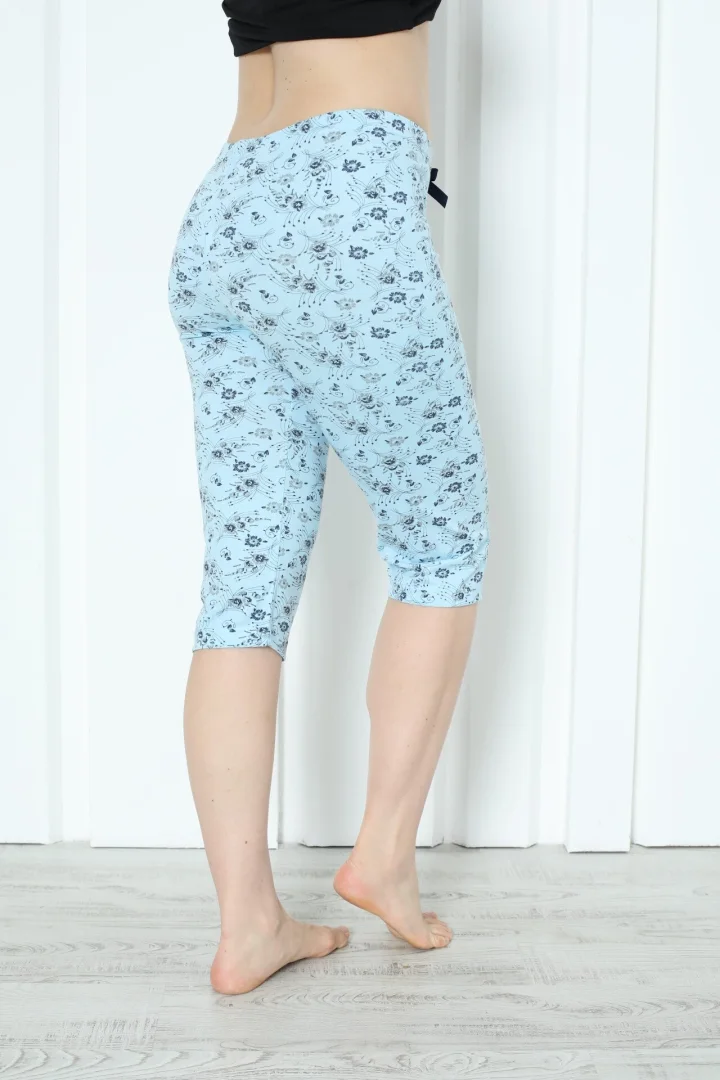 Pantaloni pijama damă 3/4, blue, imprimeu flori