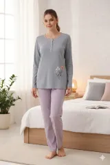 Pijama damă din bumbac mânecă lungă și pantaloni lungi lila