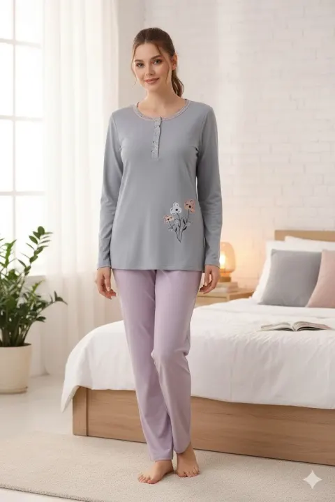 Pijama damă din bumbac mânecă lungă și pantaloni lungi lila
