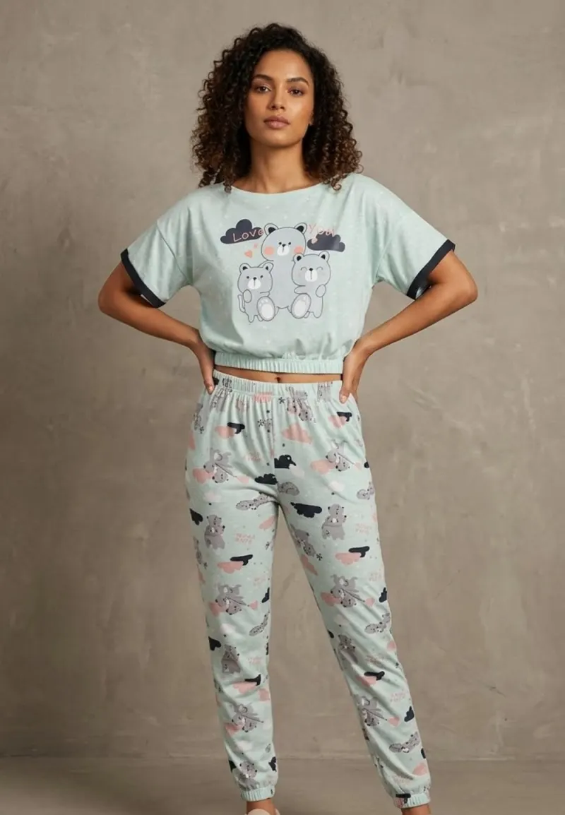 Pijama damă „Love You” cu mânecă scurtă și pantaloni lungi