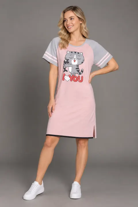 Rochie casual damă din bumbac 100%, cu mânecă scurtă și imprimeu „I Love You”, roz