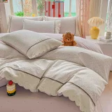 Lenjerie de Pat din 100% Bumbac cu Dantelă, 4 Piese, Cearșaf cu Elastic 180x200 cm