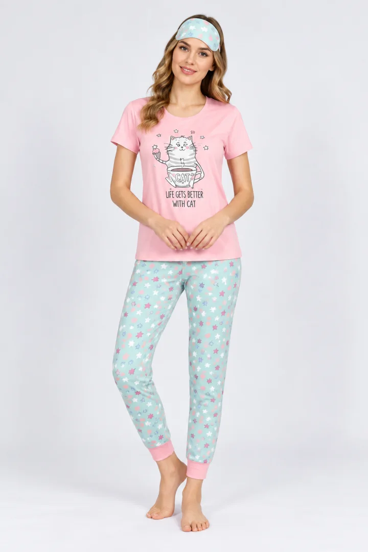 Pijama pentru Dama cu Imprimeu Pisică - Set de Primăvară