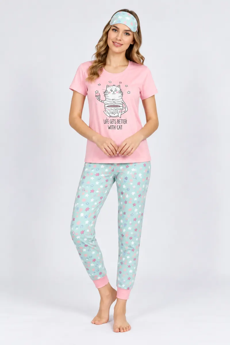 Pijama pentru Dama cu Imprimeu Pisică - Set de Primăvară