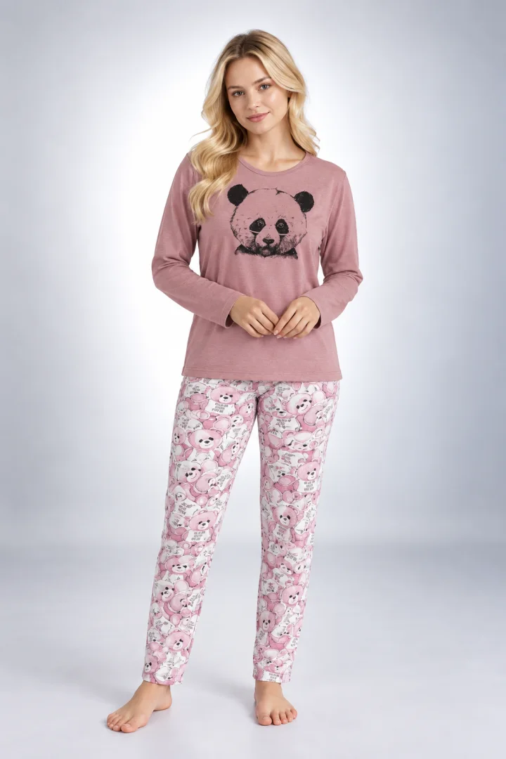 Pijama damă roz, cu mânecă lungă și pantaloni lungi