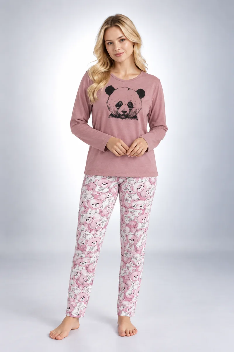 Pijama damă roz, cu mânecă lungă și pantaloni lungi