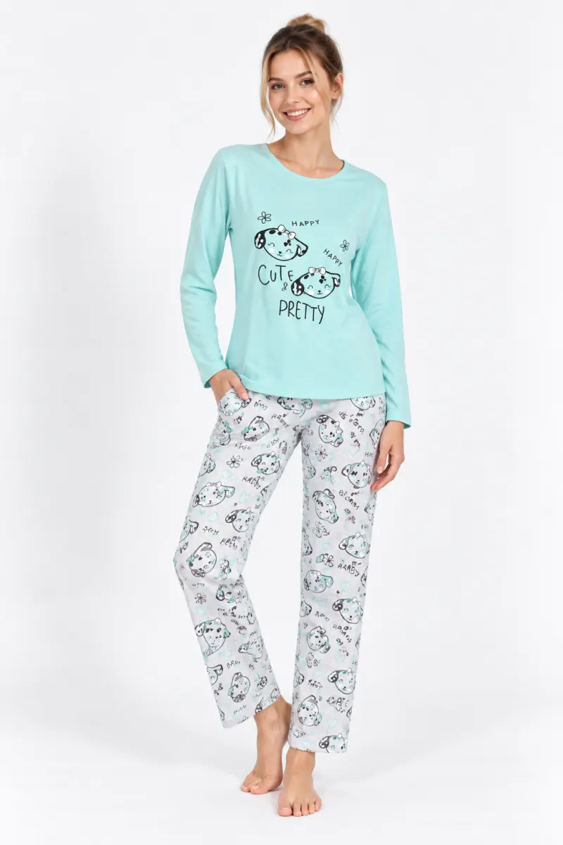 Pijama damă cu mânecă lungă și pantaloni, imprimeu ,,Cute, Pretty", blue