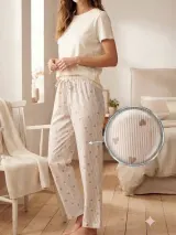 Pantaloni de pijama de dama inimi crem
