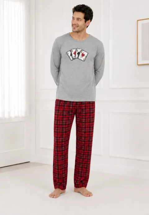Pijama barbat gri cu carouri rosi