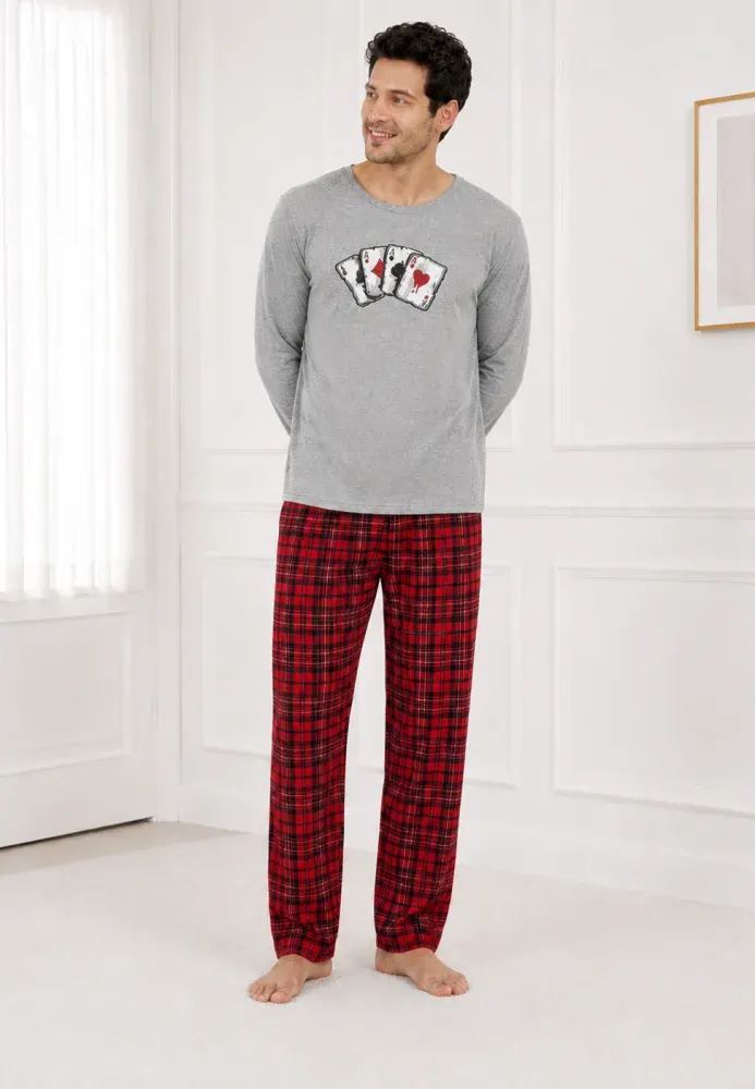 Pijama barbat gri cu carouri rosi
