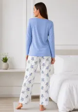 Pijama de dama blue cu maneca lunga si pantaloni lungi albi cu flori
