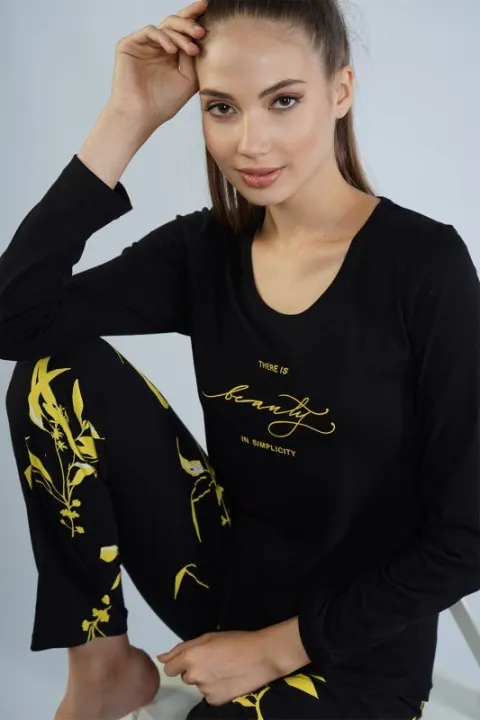Pijamale damă cu  imprimeu floral, negru