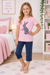 Pijama fetițe de Paște – tricou roz și pantaloni 3/4 cu imprimeu