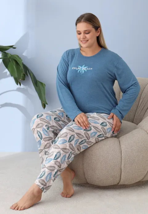 Pijama damă Big Size albastră „Palm Beach” din bumbac