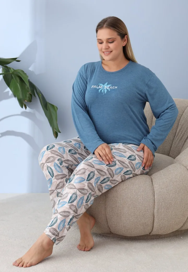 Pijama damă Big Size albastră „Palm Beach” din bumbac