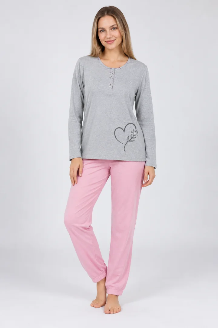 Pijama damă GRI  mânecă lungă și pantaloni lungi ROZ