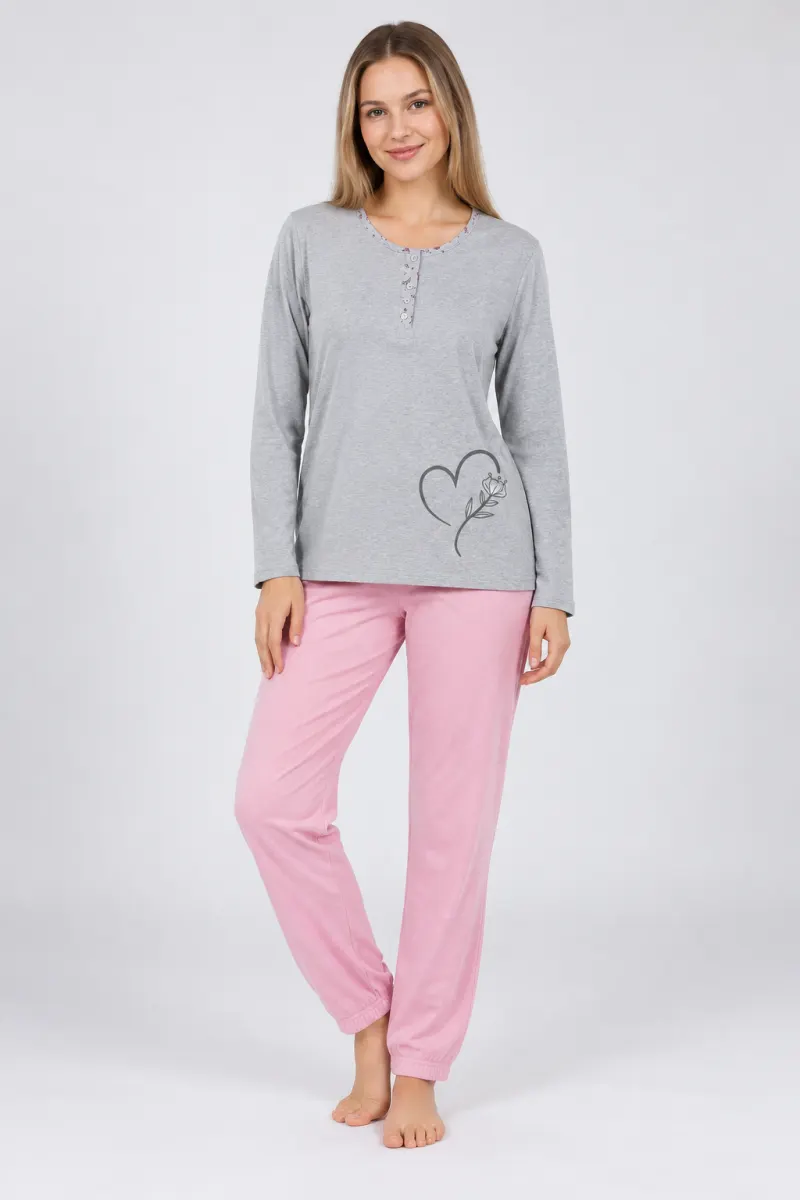 Pijama damă GRI  mânecă lungă și pantaloni lungi ROZ