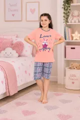 Pijama fetițe cu tricou și pantaloni 3/4 – „Love Is Everything”, somon