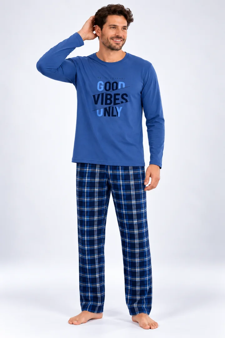 Pijama barbat albastru  cu carouri albastre
